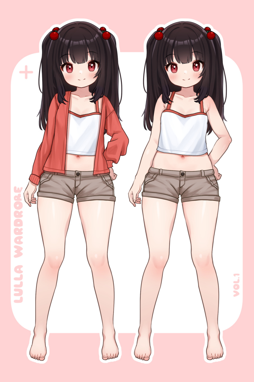 1girl, barefoot, black_hair, brown_cardigan, brown_shorts, camisole, cardigan, comodomodo