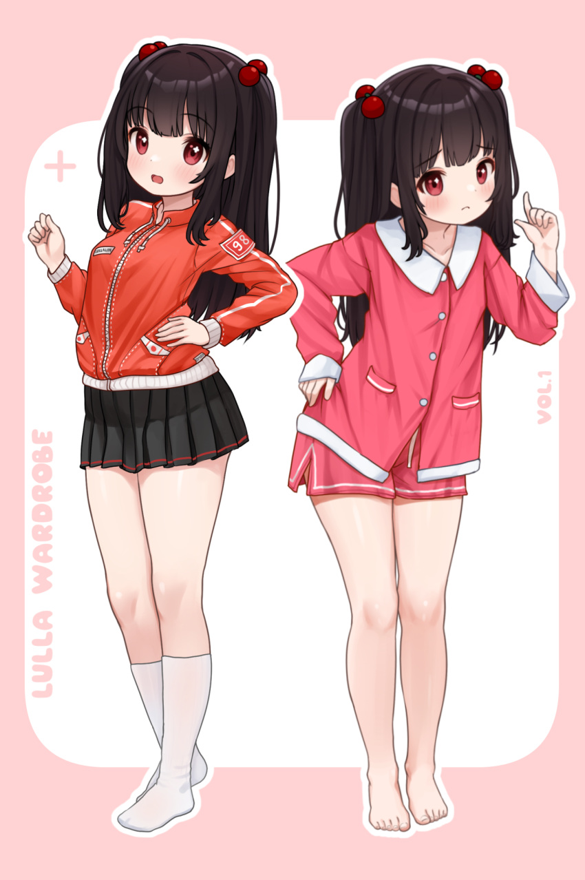 1girl, barefoot, black_hair, comodomodo, feet, full_body, hair_bobbles, hair_ornament, hand_on_own_hip, highres, jacket, kneehighs, long_hair, lulla_(comodomodo), multiple_views, open_mouth, orange_jacket, original, pink_shirt, pink_shorts, red_eyes, shirt, shorts, socks, thighs, toes, two_side_up, white_socks
