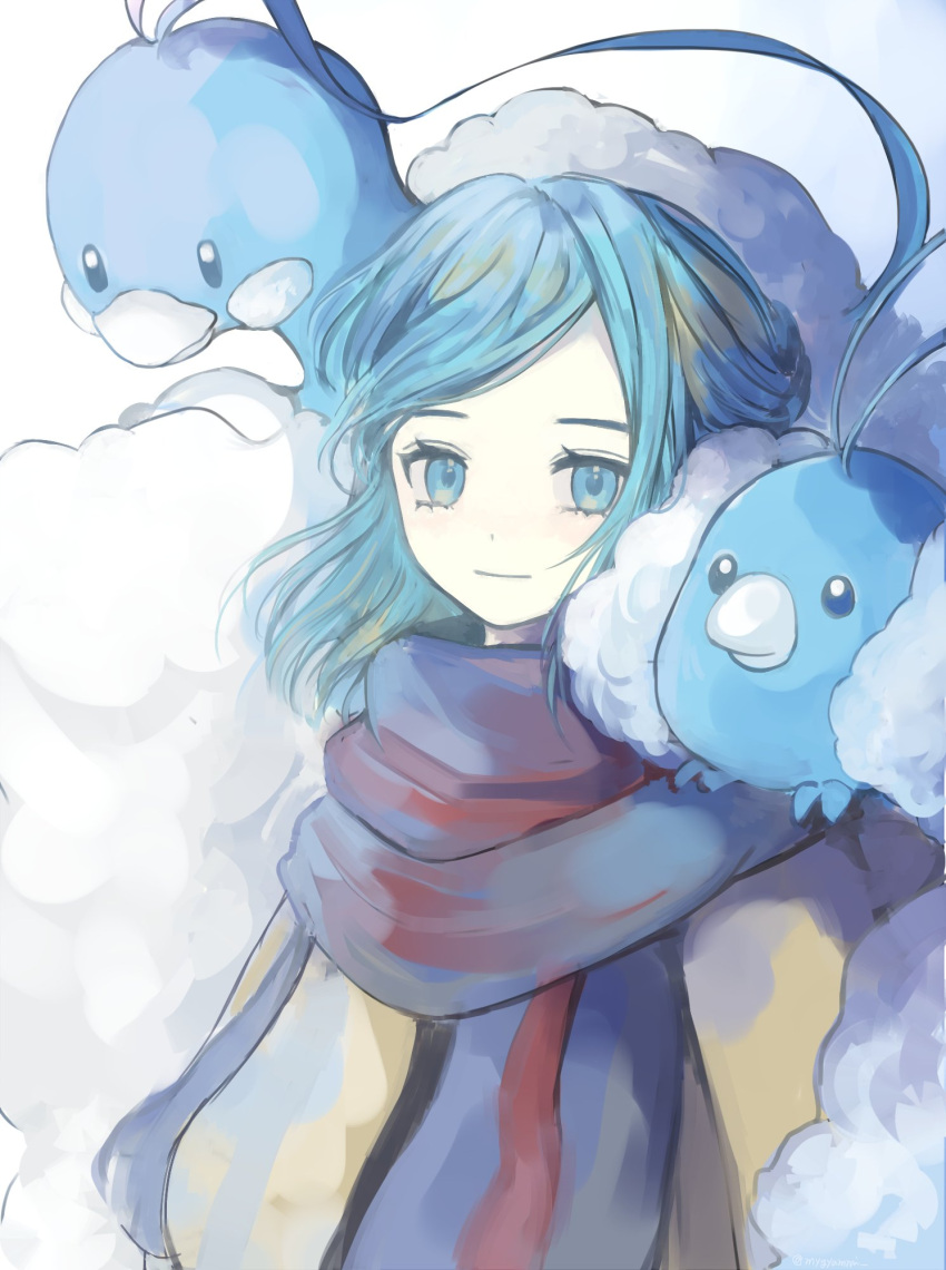1boy, altaria, beak, bird, blue_eyes, blue_hair, closed_mouth, commentary