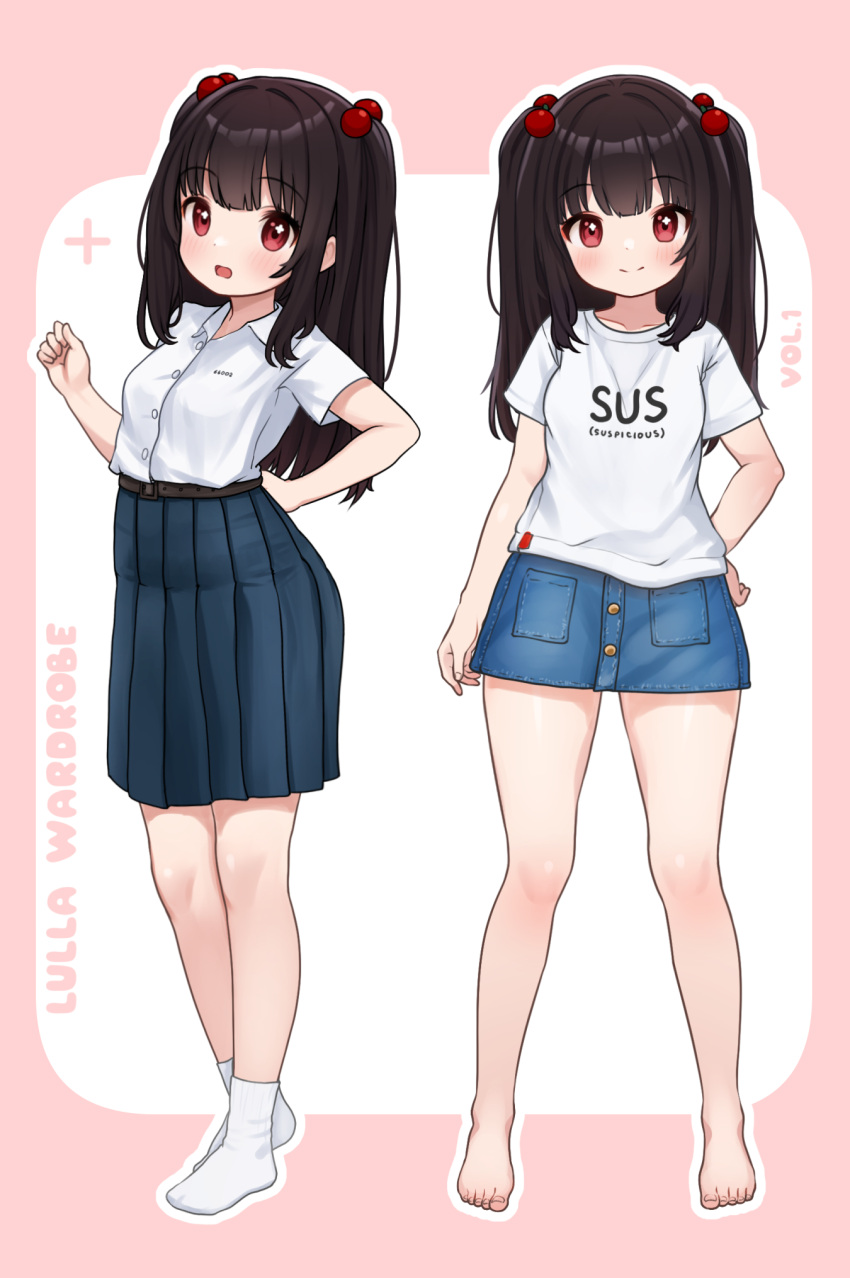 1girl, barefoot, black_hair, blue_skirt, clothes_writing, comodomodo, denim, denim_skirt