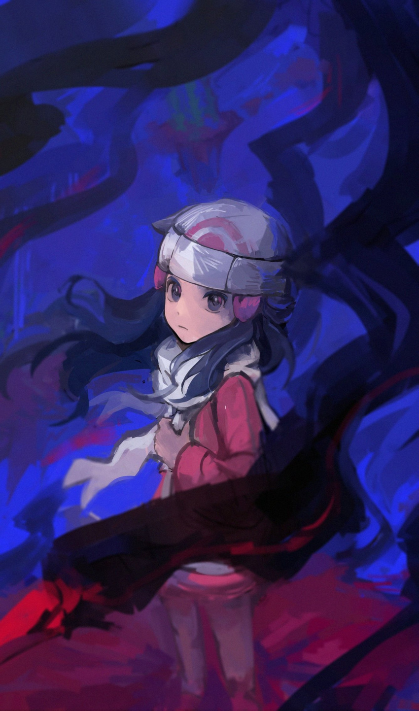 1girl, beanie, black_hair, closed_mouth, coat, commentary_request, distortion_world, from_above