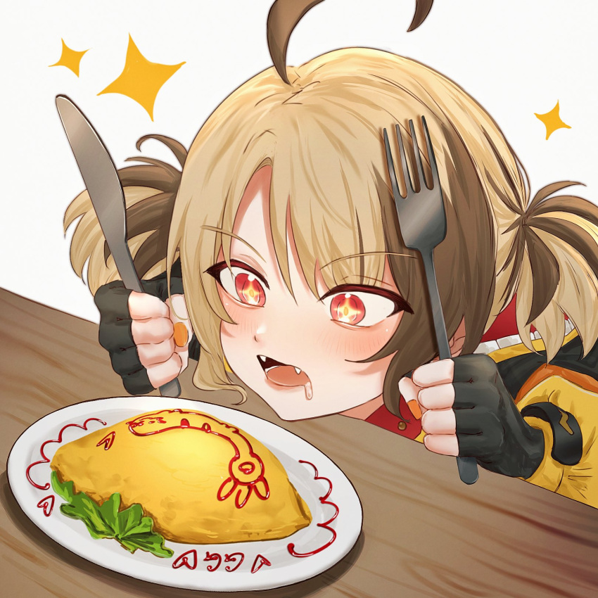 1girl, ahoge, brown_hair, drooling, fangs, fingerless_gloves, food, fork