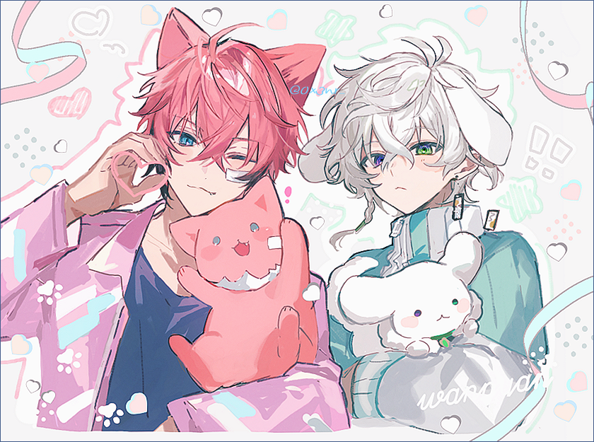 0x3nr, 2boys, animal_ears, aqua_eyes, black_shirt, blue_jacket, blush, braid