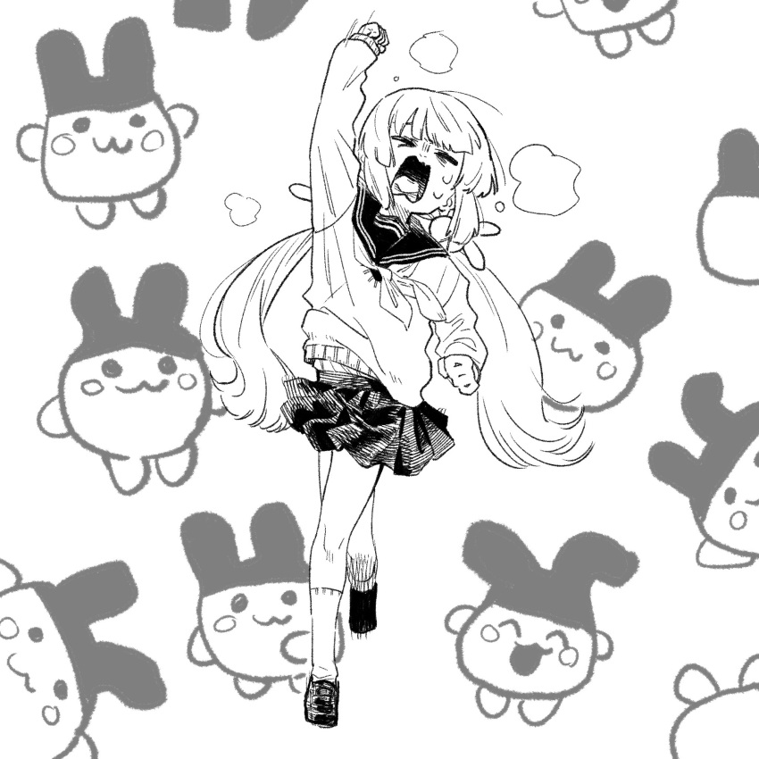 1girl, arm_up, closed_eyes, creature, facing_viewer, frown, full_body, greyscale, hair_ornament, heavy_breathing, highres, kajika_(kazika_mtk16), loafers, long_hair, long_sleeves, low_twintails, monochrome, natori_sana, neckerchief, open_mouth, patterned_background, pleated_skirt, rabbit_hair_ornament, raised_fist, sana_channel, school_uniform, serafuku, shoes, skirt, socks, solo, standing, standing_on_one_leg, sweat, sweater, tongue, twintails, virtual_youtuber