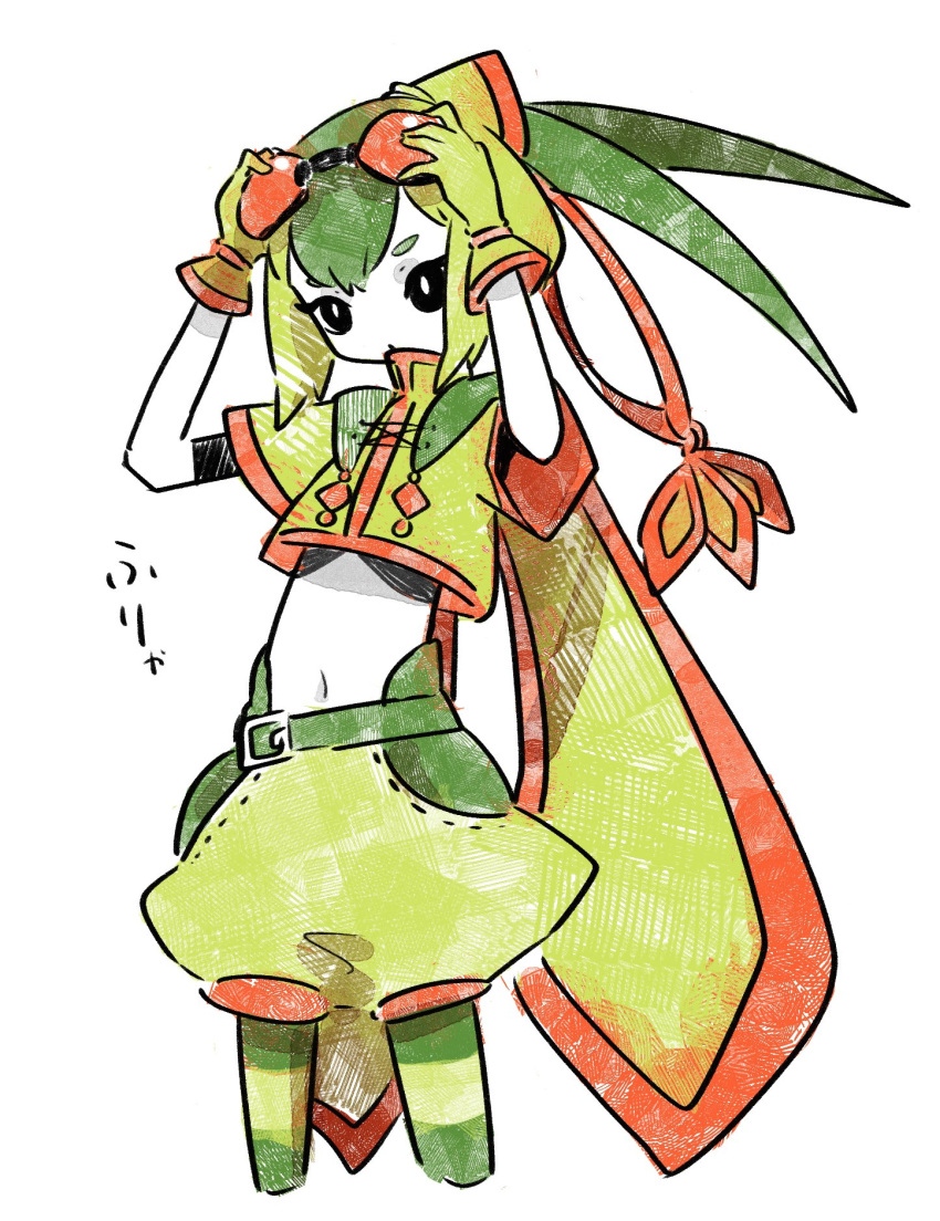 1girl, adjusting_goggles, arms_up, black_eyes, bright_pupils, crop_top, cropped_legs, flygon