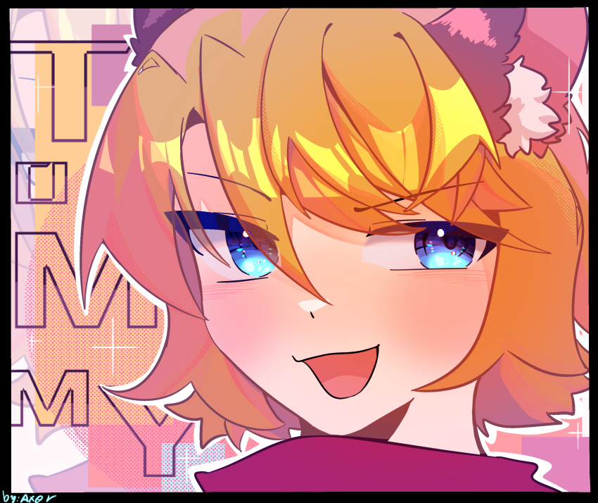 1boy, animal_ears, animification, bishounen, blonde_hair, blue_eyes, blush, character_name