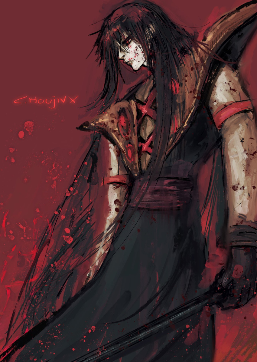 1boy, armor, axe, bador_vlad_(choujin_x), battle_axe, black_hair, black_robe, blood