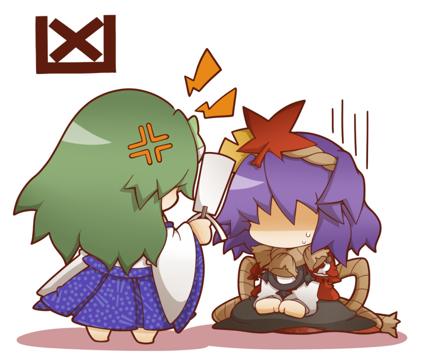 anger_vain, anger_vein, chibi, faceless, faceless_female, green_hair, gurageida, kochiya_sanae, leaf, maple_leaf, multiple_girls, omikuji, purple_hair, shimenawa, skirt, sweat, touhou, translated, yasaka_kanako