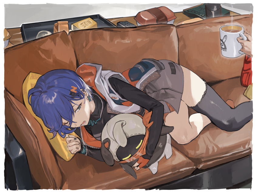 1girl, bangboo_(zenless_zone_zero), belle_(zenless_zone_zero), black_shirt, black_thighhighs, blue_hair, couch, crossed_bangs