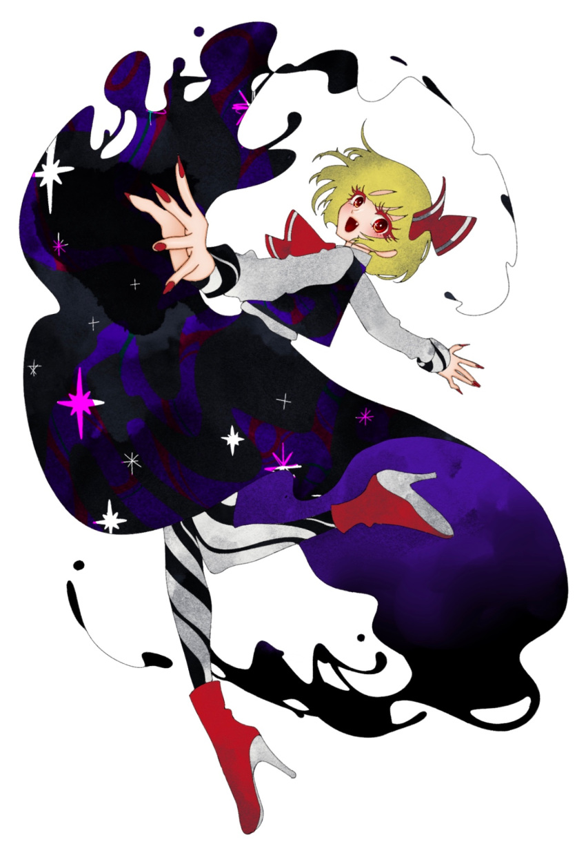 1girl, ascot, blonde_hair, commentary_request, full_body, hair_ribbon, high_heels, highres, long_sleeves, looking_at_viewer, meiyamada10, red_ascot, red_eyes, red_footwear, red_nails, red_ribbon, ribbon, rumia, short_hair, simple_background, solo, touhou, white_background
