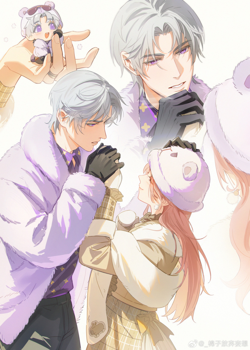 1boy, 1girl, ^_^, absurdres, black_gloves, black_pants, brown_dress, charlie_su, chibi, closed_eyes, closed_mouth, coat, couple, dress, eyelashes, fingernails, fur_coat, fur_hat, gloves, grey_hair, happy, hat, highres, light_and_night_love, lips, long_hair, looking_at_another, mian_zi_fangqi_wangxiang, multiple_views, pants, parted_bangs, parted_lips, pink_hair, protagonist_(light_and_night_love), purple_coat, purple_hair, purple_shirt, scarf, shirt, short_hair, smile, violet_eyes