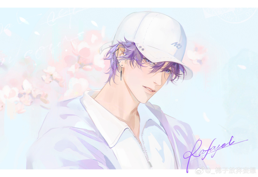 1boy, absurdres, baseball_cap, branch, character_name, cherry_blossoms, collared_shirt, dangle_earrings