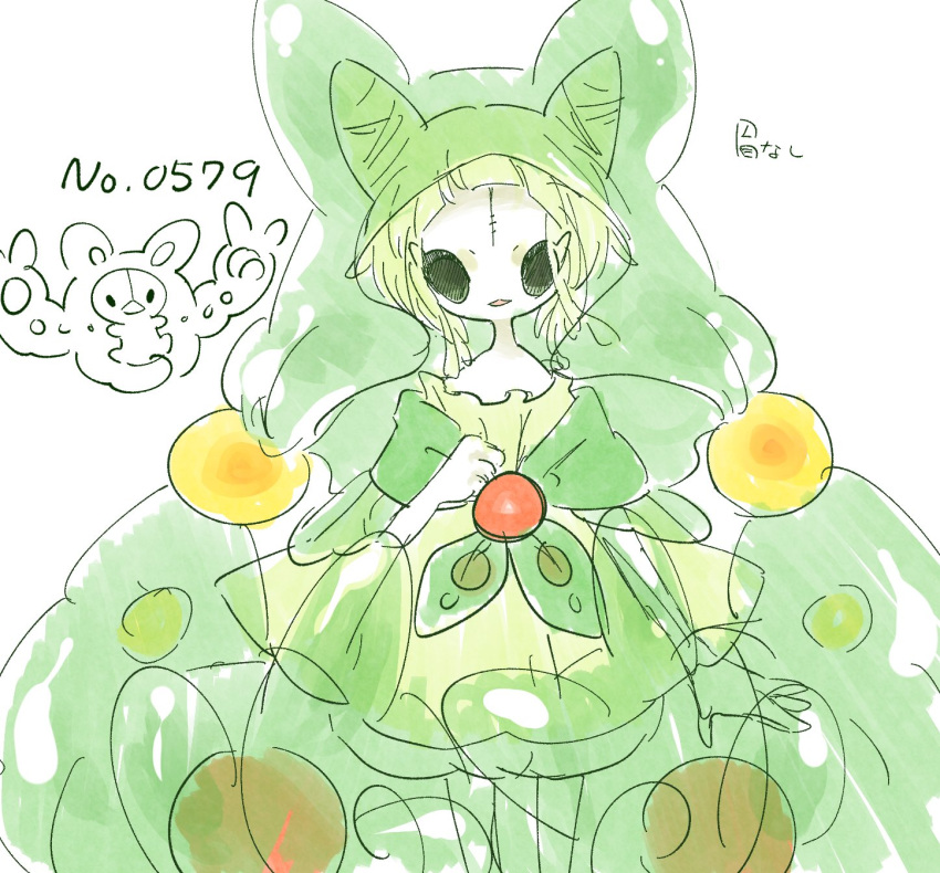 1girl, arm_at_side, black_eyes, blonde_hair, cone_hair_bun, creature_and_personification, double_bun, dress
