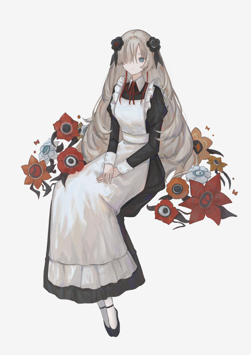 alternate_costume, apron, black_dress, black_flower, black_footwear, dress, enmaided, flower