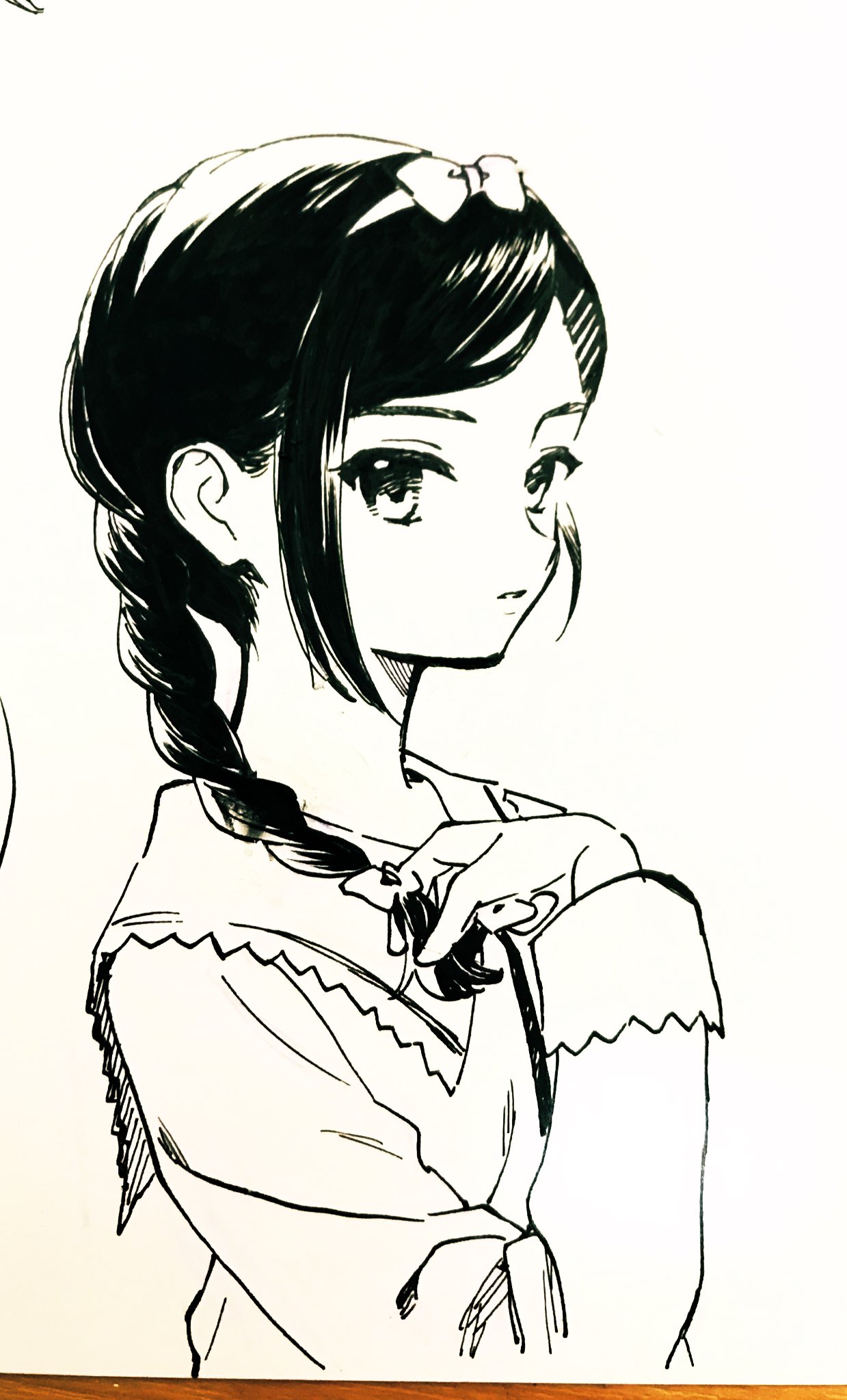 1girl, bow, braid, character_request, collared_shirt, commentary_request, copyright_request, expressionless