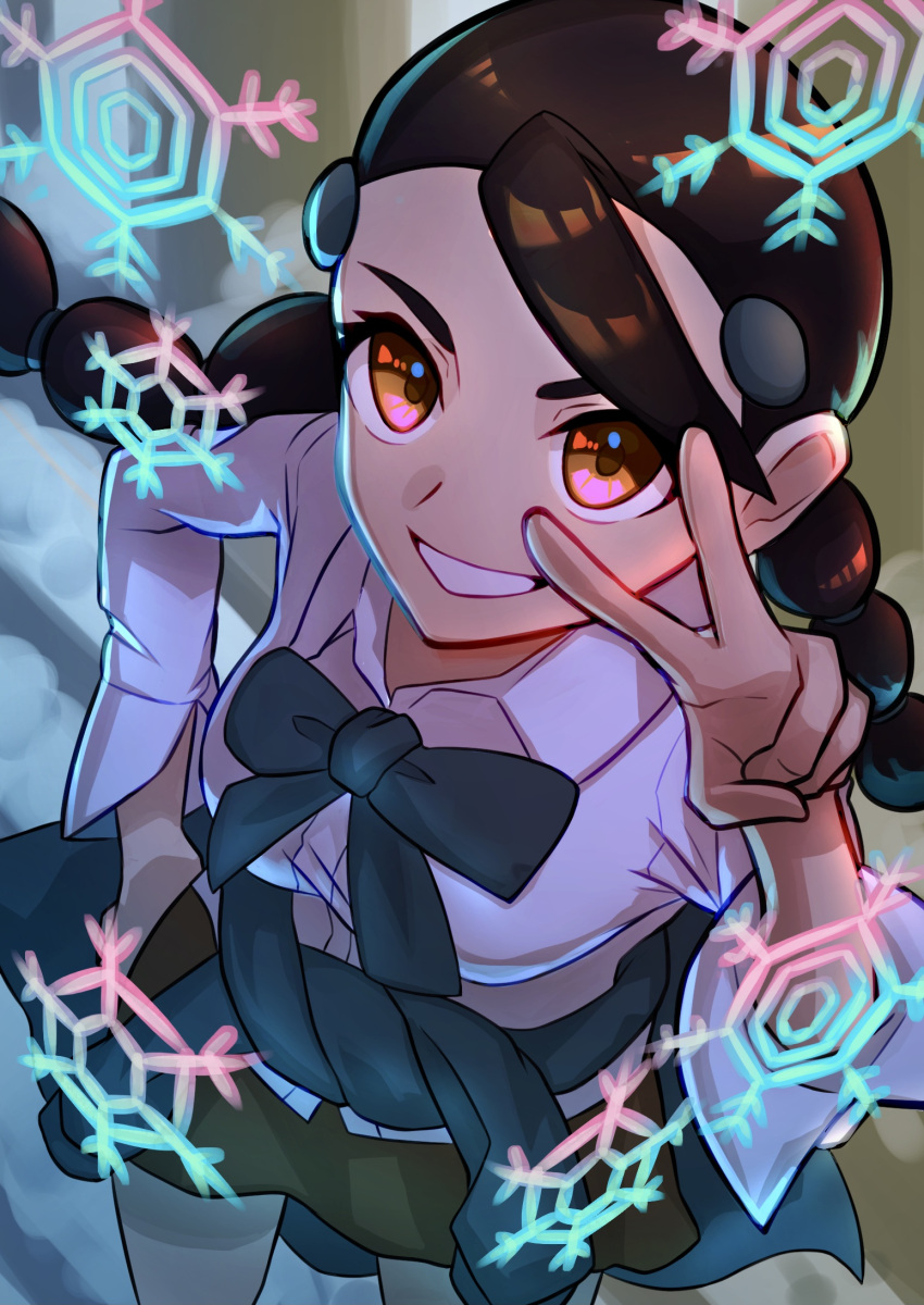 1girl, blue_bow, blue_sweater, bow, breasts, brown_eyes, brown_hair, brown_skirt, candice_(pokemon), clothes_around_waist, collared_shirt, commentary_request, from_above, grin, hair_ornament, hairclip, hand_on_own_hip, hand_up, highres, long_hair, long_sleeves, looking_at_viewer, multi-tied_hair, natupath_summer, pokemon, pokemon_dppt, shirt, skirt, smile, snowflakes, solo, sweater, sweater_around_waist, twin_braids, twintails, v, v_over_eye, white_shirt