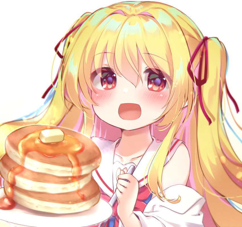 1girl, 2021, :d, absurdres, bare_shoulders, blonde_hair, blue_shirt, blush, bow, commentary_request, dated_commentary, eyes_visible_through_hair, food, gattengou, hair_between_eyes, hair_intakes, hair_ribbon, hand_up, happy, highres, irotoridori_no_sekai, long_hair, looking_at_food, nikaidou_shinku, open_mouth, pancake, pancake_stack, red_bow, red_eyes, red_ribbon, ribbon, sailor_collar, school_uniform, serafuku, shirt, sidelocks, simple_background, sleeveless, sleeveless_shirt, smile, solo, tareme, two_side_up, upper_body, white_background, white_sailor_collar