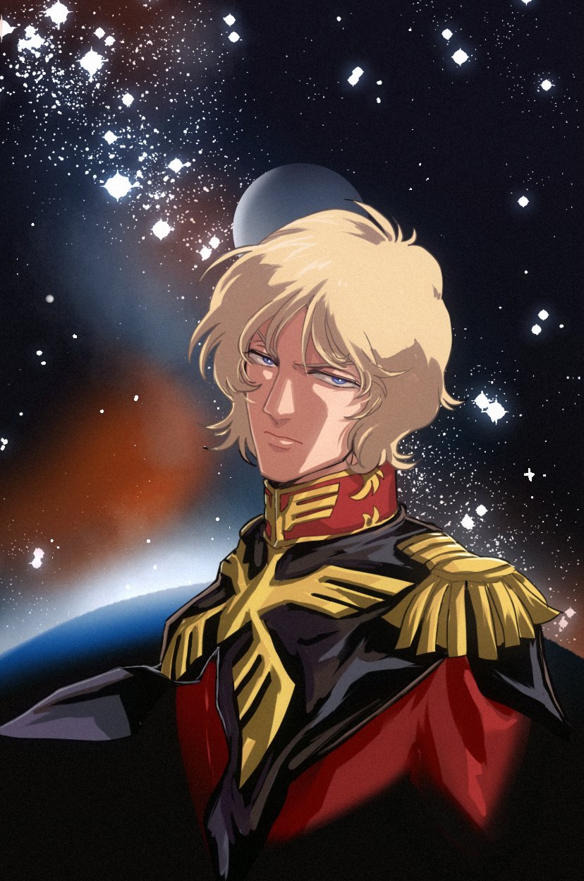 1boy, black_cape, blonde_hair, blue_eyes, cape, char_aznable, closed_mouth, commentary