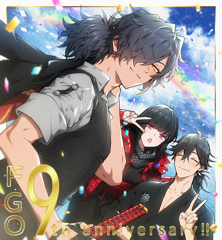1girl, 2boys, ^_^, black_gloves, black_hair, black_vest, blue_sky, blush
