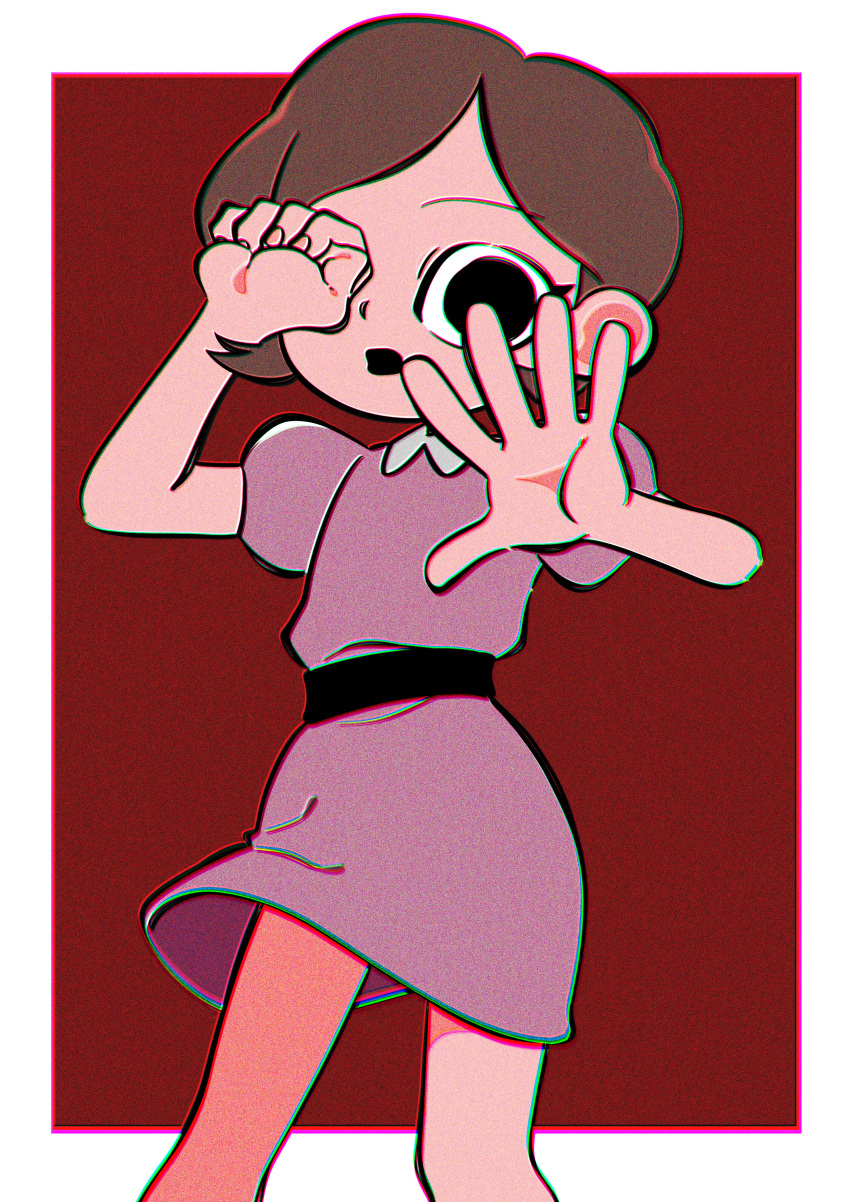 1girl, absurdres, belt, black_belt, black_eyes, border, chromatic_aberration, collared_dress