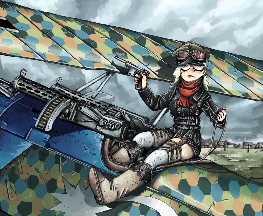 1girl, absurdres, aircraft, airplane, blonde_hair, blue_eyes, boots, brown_footwear