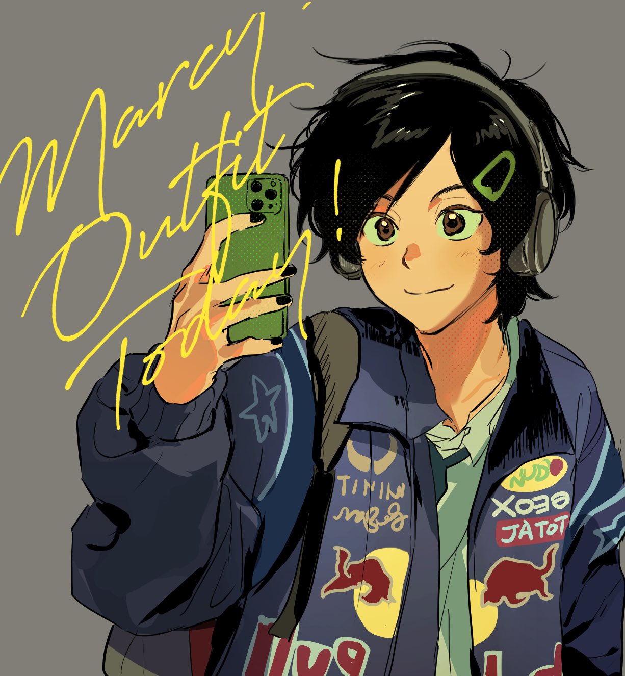 1girl, amphibia, backpack, bag, black_hair, black_nails, brown_eyes, cellphone