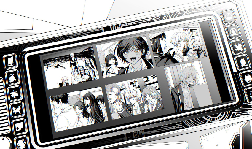 6+boys, 6+girls, apron, bow, closed_eyes, closed_mouth, coat, coat_on_shoulders