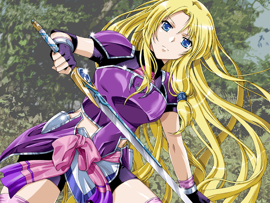 armor, artist_request, bike_shorts, blonde_hair, blue_eyes, densetsu_no_yuusha_no_densetsu, ferris_eris, fingerless_gloves