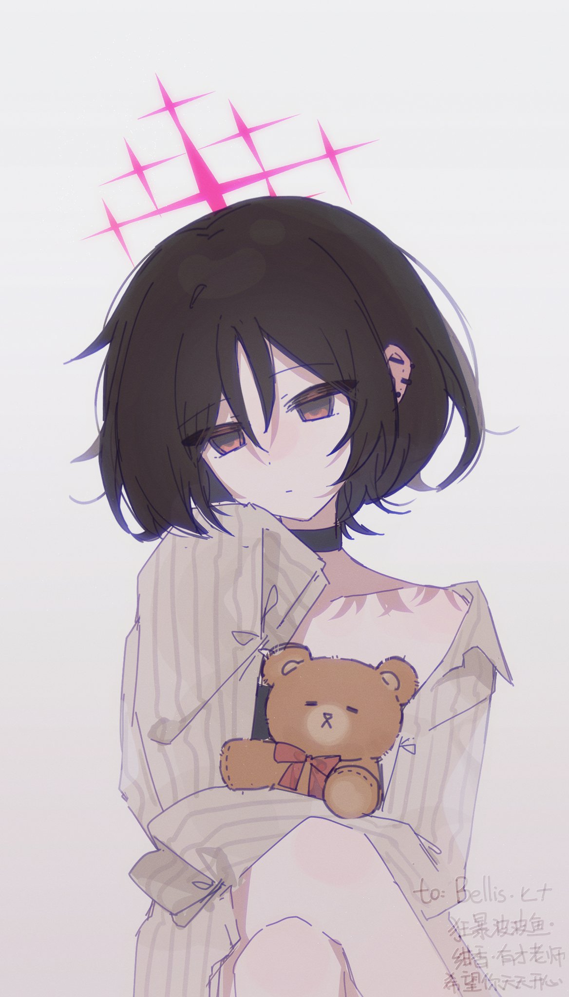 1girl, barbell_piercing, bellisword, bikini, bikini_under_clothes, black_bikini, blue_archive, ear_piercing, grey_background, halo, highres, industrial_piercing, misaki_(blue_archive), misaki_(swimsuit)_(blue_archive), piercing, pinstripe_pattern, pinstripe_shirt, red_halo, shirt, simple_background, solo, star_halo, striped_clothes, striped_shirt, swimsuit, translation_request, upper_body, vertical-striped_clothes, vertical-striped_shirt