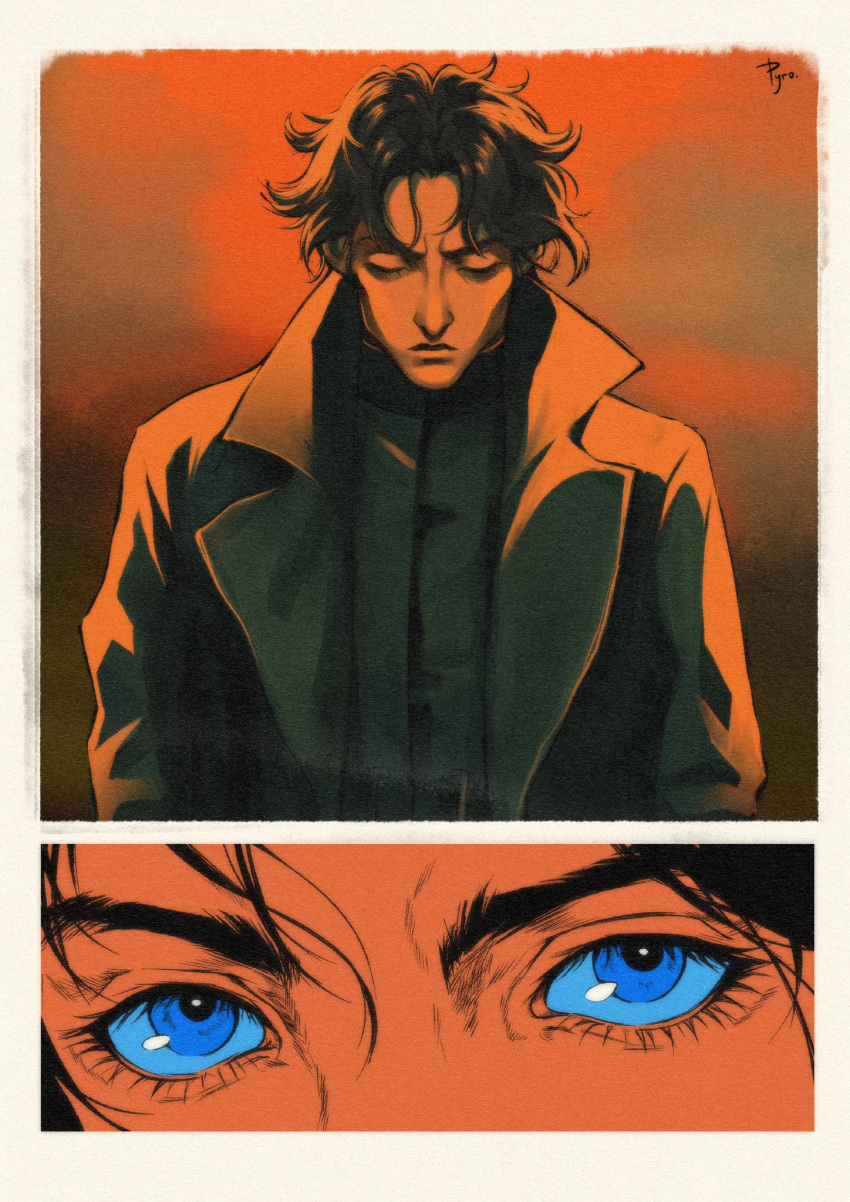 1boy, artist_name, blue_eyes, border, close-up, closed_eyes, closed_mouth, commentary, dune:_part_two, dune_(series), english_commentary, eyes_of_ibad, facing_viewer, highres, jacket, looking_at_viewer, male_focus, multiple_views, paul_atreides, pyro_cri, short_hair, upper_body