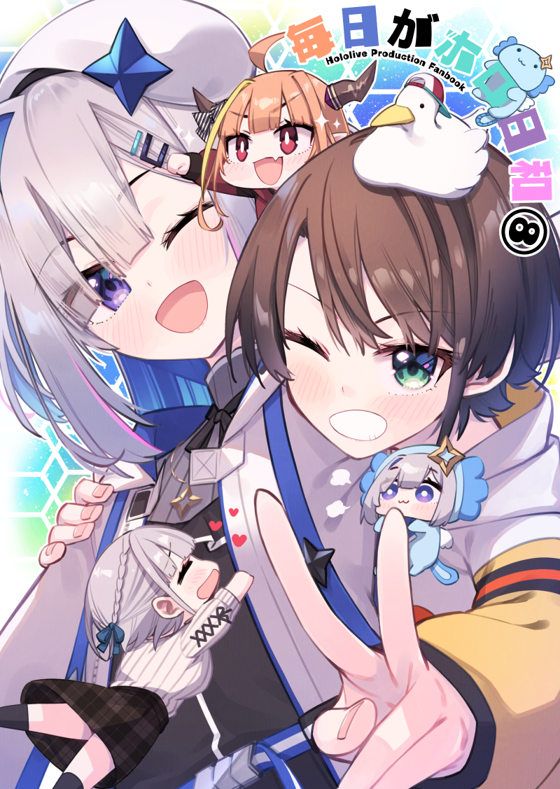 5girls, ahoge, amane_kanata, amane_kanata_(work), beret, blue_eyes, blue_hair, blush