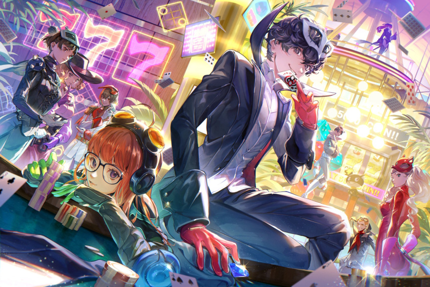akechi_gorou, amamiya_ren, biker_clothes, bikesuit, black-framed_eyewear, black_coat, blonde_hair, blue_bodysuit, bodysuit, brown_hair, casino, casino_card_table, coat, gem, glass, gloves, goggles, goggles_on_head, grin, highres, indoors, kitagawa_yuusuke, long_coat, long_hair, looking_at_viewer, mask, mask_on_head, morgana_(persona_5), niijima_makoto, okumura_haru, orange_hair, persona, persona_5, persona_5_the_royal, phantom_thief, pink_shirt, poker_chip, poker_table, red_bodysuit, red_gloves, sakamoto_ryuuji, sakura_futaba, shamoji_pe, shirt, smile, table, takamaki_anne, twintails, unworn_mask, yoshizawa_kasumi