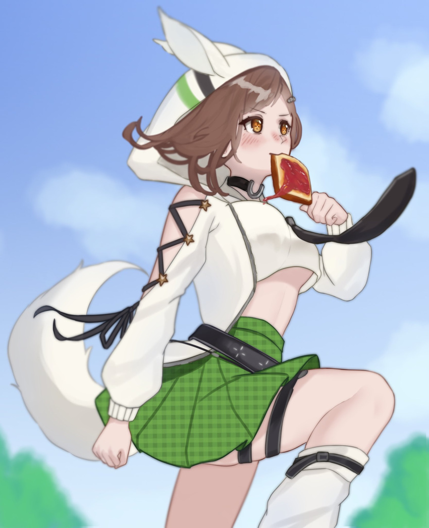1girl, animal_ear_hood, belt, black_belt, black_choker, black_necktie, blue_sky, blush