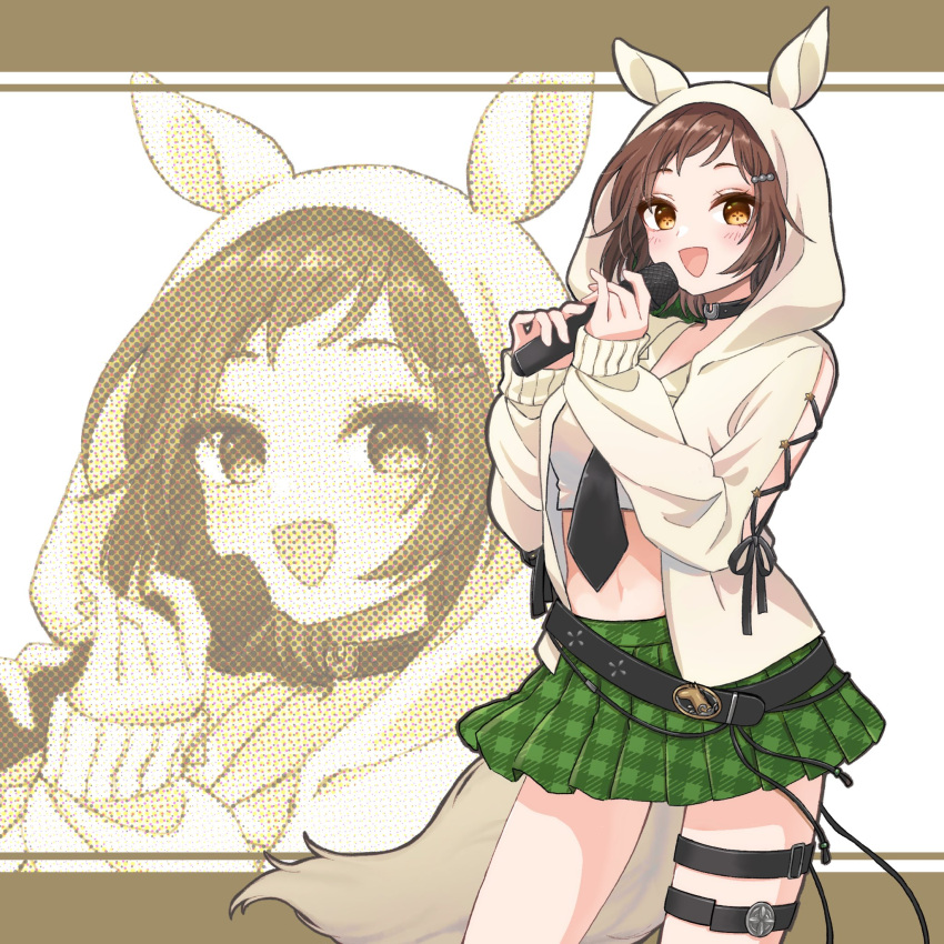 1girl, :d, animal_ear_hood, belt, black_belt, black_necktie, blush, bond_en, brown_hair, commission, cropped_shirt, cross-laced_clothes, green_skirt, highres, holding, holding_microphone, hood, hood_up, jacket, microphone, navel, necktie, open_mouth, orange_eyes, pleated_skirt, shirt, skeb_commission, skirt, smile, solo, summer_belle, thigh_strap, tongue, virtual_youtuber, white_jacket, white_shirt, ya_(inkokatte), zoom_layer