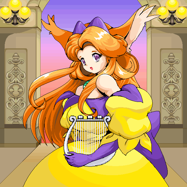 1girl, :d, animal_ears, bow, detached_sleeves, dress, elbow_gloves, gloves, gradient_sky, hair_bow, indoors, long_hair, looking_at_viewer, lyre, melody-joou, microsoft_paint_(medium), orange_hair, pixel_art, purple_bow, purple_gloves, rf_(aruehu), sky, smile, solo, standing, twinbee, yellow_dress