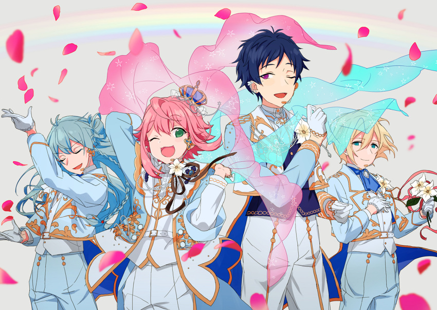 4boys, bishounen, cowboy_shot, ensemble_stars!, falling_petals, fine_(ensemble_stars!), fushimi_yuzuru, gloves