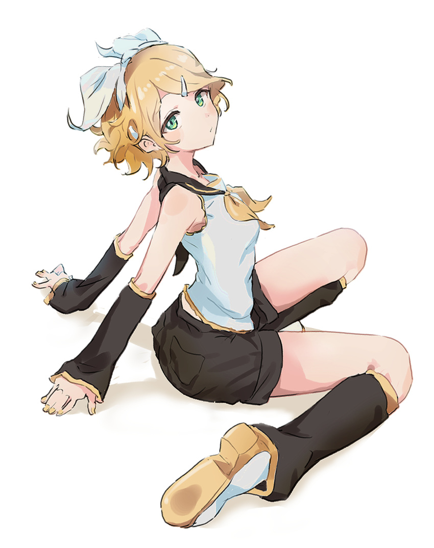 1girl, arm_support, arm_warmers, arms_behind_back, black_arm_warmers, black_leg_warmers, black_shorts, blonde_hair