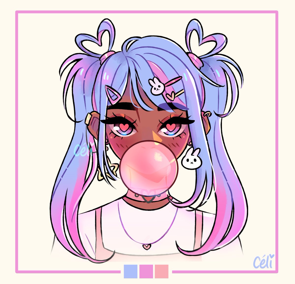 1girl, blush, border, bubble, chewing_gum, commentary, dark-skinned_female, dark_skin