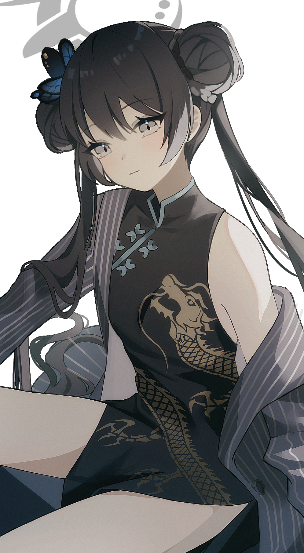 1girl, black_coat, black_dress, black_hair, blue_archive, butterfly_hair_ornament, china_dress, chinese_clothes