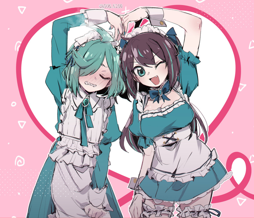 2girls, ;d, ahoge, akoya_matama, an_sin, anemo_nemo, apron, aqua_dress