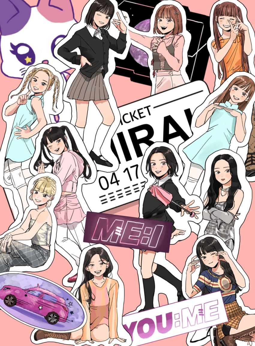 6+girls, animification, black_camisole, black_eyes, black_footwear, black_jacket, black_socks, blonde_hair