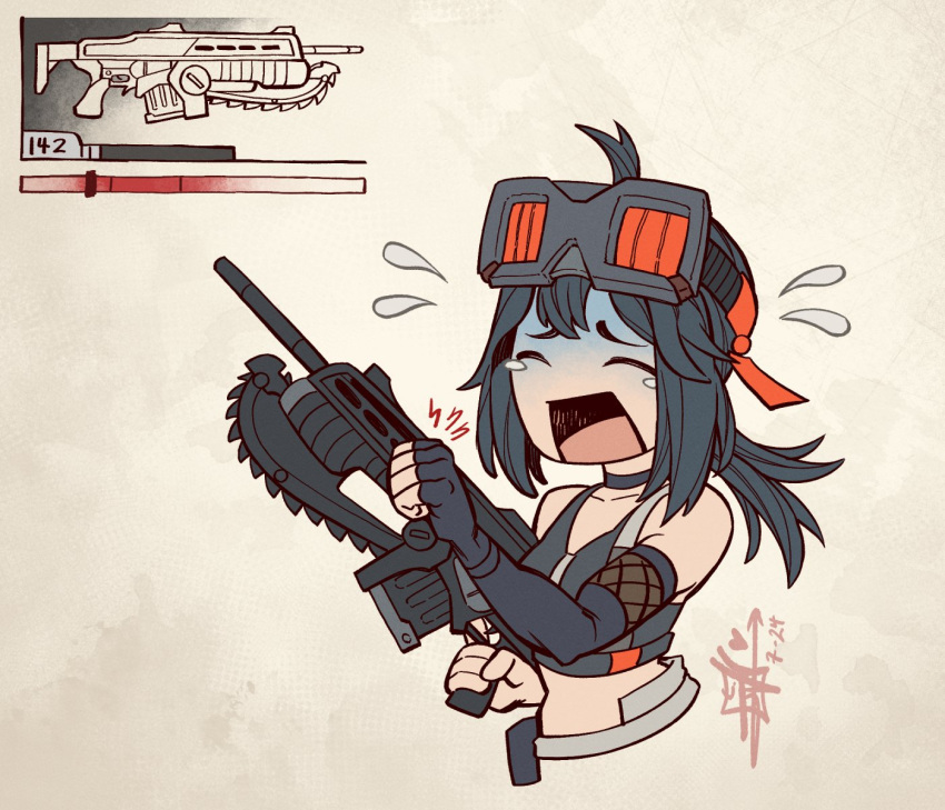 1girl, ahoge, assault_rifle, bare_shoulders, black_choker, black_gloves, black_hair, black_sports_bra