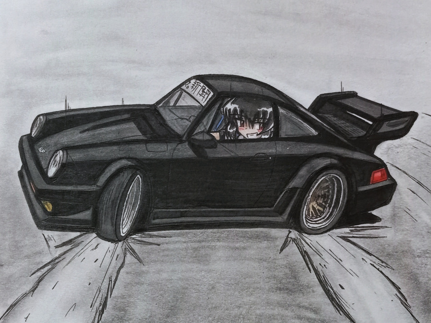 1girl, 280z-t2by2_hgs130, akira_(manga), akira_slide, black_car, black_hair, black_shirt, brown_eyes