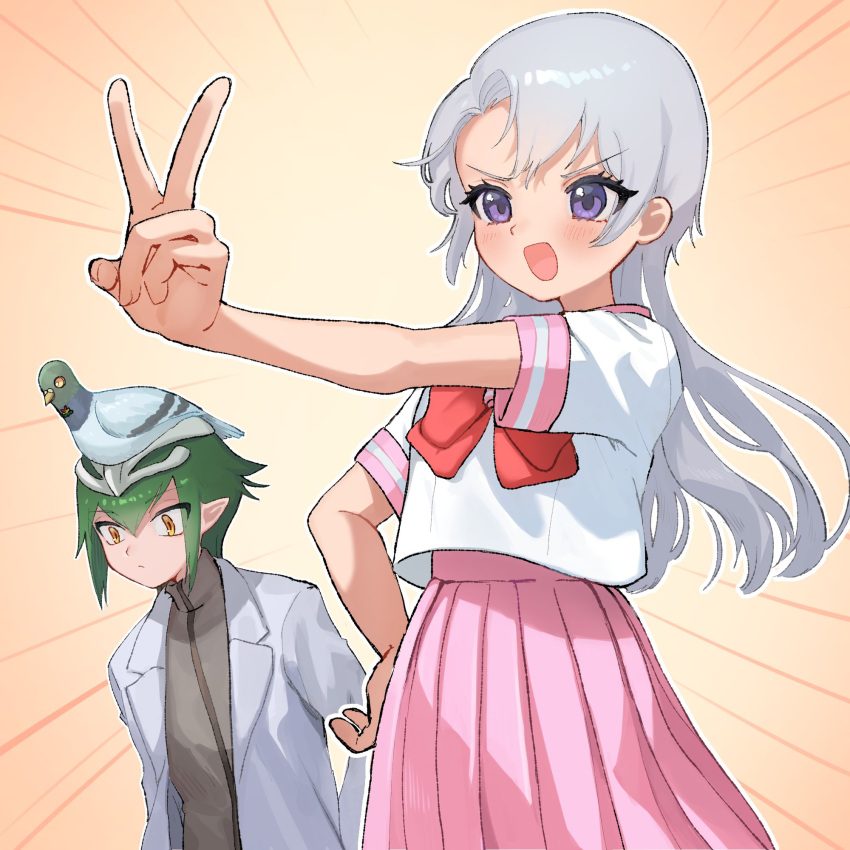1boy, 1girl, animal_on_head, badrap, bird, blush, bow, emphasis_lines, green_hair, hand_on_own_hip, highres, kawai_tell, lab_coat, mutsuba_asaka, on_head, open_mouth, pigeon, pink_serafuku, pink_skirt, pleated_skirt, red_bow, school_uniform, serafuku, shirt, simple_background, skirt, smile, v, violet_eyes, white_hair, white_shirt, yellow_eyes, yu-gi-oh!, yu-gi-oh!_go_rush!!, yuzutaroman