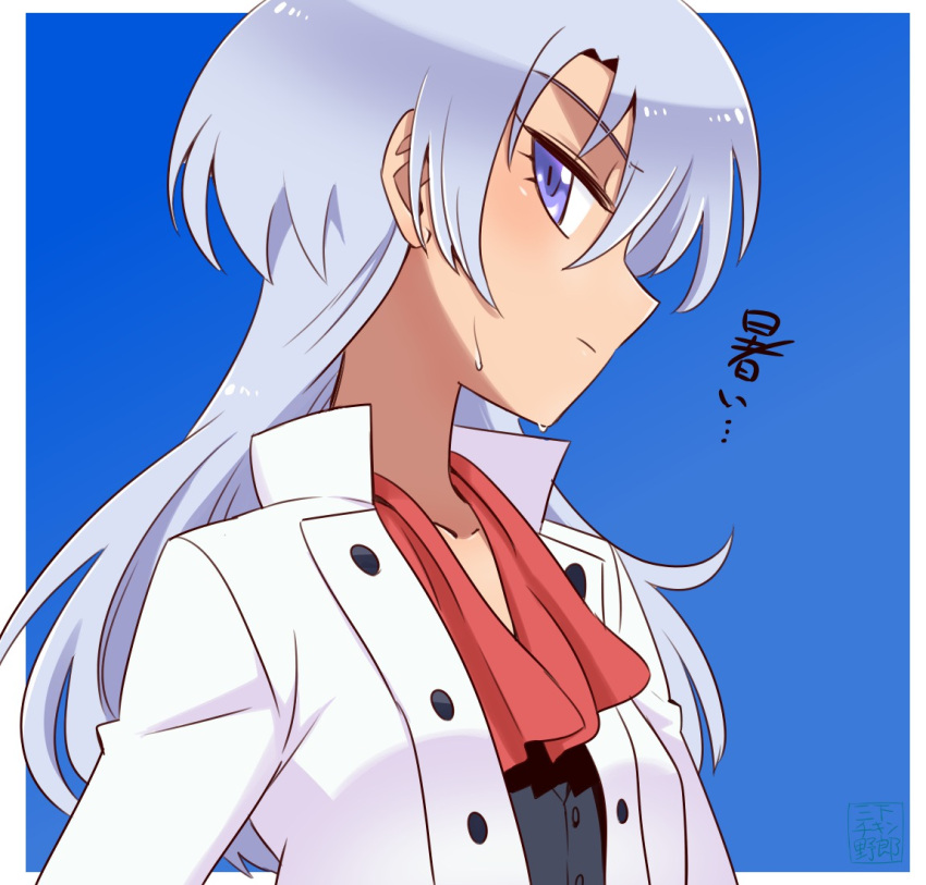 1girl, ascot, black_shirt, blue_background, blue_eyes, jacket, long_hair, looking_at_viewer