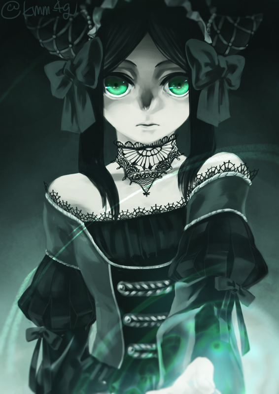 1girl, bare_shoulders, bow, closed_mouth, collarbone, cone_hair_bun, dress, glowing