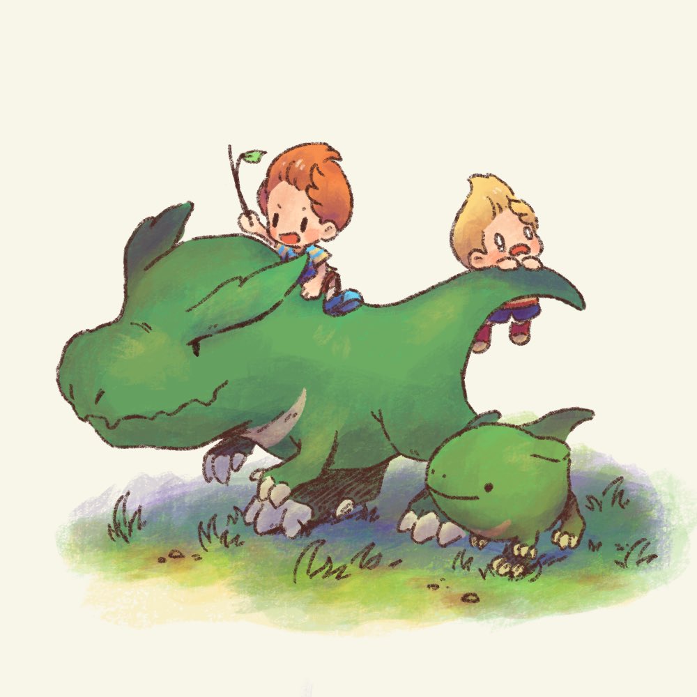 2boys, blonde_hair, blue_footwear, blush, claus_(mother_3), dinosaur, drago, grass