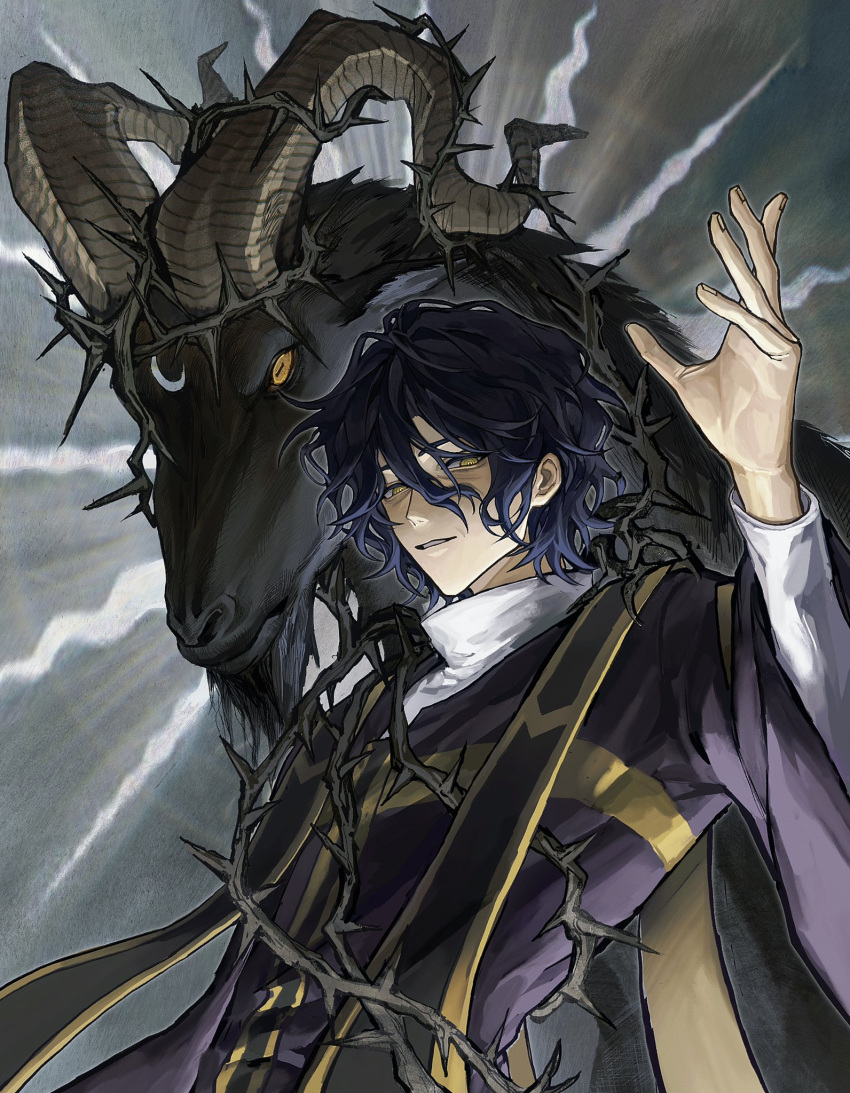 1boy, arm_up, blue_hair, bonley, chinese_commentary, commentary_request, dark_blue_hair, goat, gold_trim, hair_between_eyes, highres, jacket, layered_sleeves, long_sleeves, male_focus, purple_jacket, ringed_eyes, saibou_shinkyoku, shirt, short_hair, solo, stole, thorns, upper_body, utsugi_noriyuki, white_shirt, wide_sleeves, yellow_eyes
