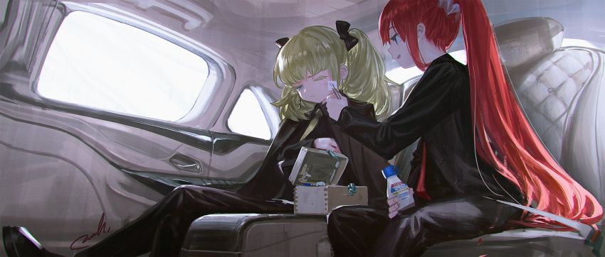 2girls, bandaid, black_bow, black_eyes, black_footwear, black_jacket, black_pants, black_shirt
