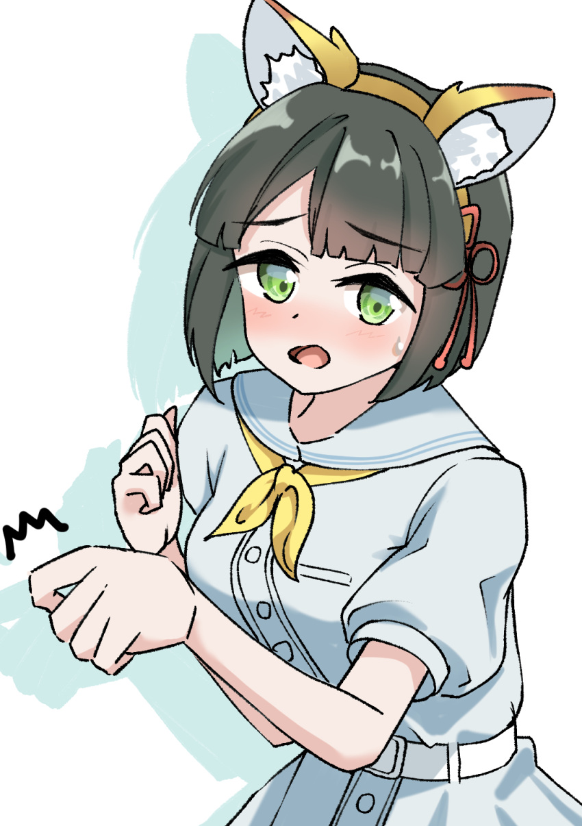 1girl, ^^^, animal_ear_hairband, animal_ears, black_hair, blue_dress, blunt_bangs, blunt_ends
